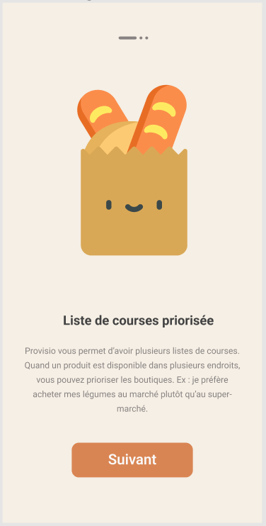 écran mobile d'onboarding, fond orange claire avec le logo de provisio et un petit texte qui explique la fonctionnalité liste de course, comme dans le permier article de ce blog
