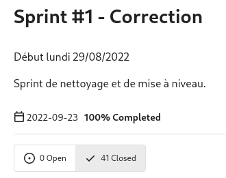 capture d'écrans de Gitea avec le nom du sprint "Sprint #1 - Correction", la date de début au 29 aout 2022, la description "Sprint de nettoyage et de mise à niveau" et enfin la date de fin au 23 septembre 2022 et le nombre de ticket terminé : 41